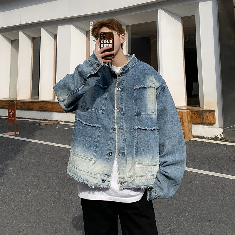 American Retro Hip Pop Raw Edg - đánh giá và giá Mens Fashion Denim Jacket